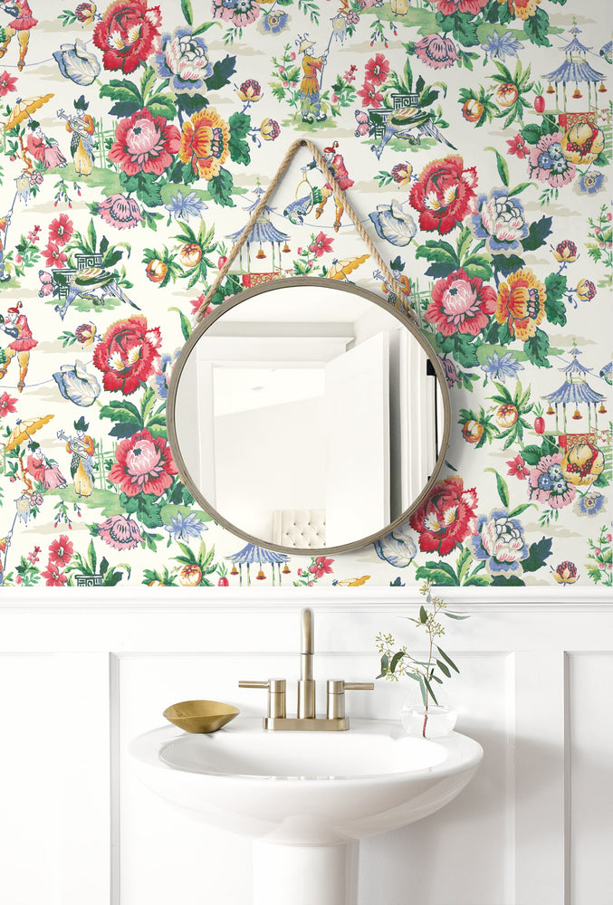 160560WR chinoiserie peel and stick wallpaper bathroom from Surface Style