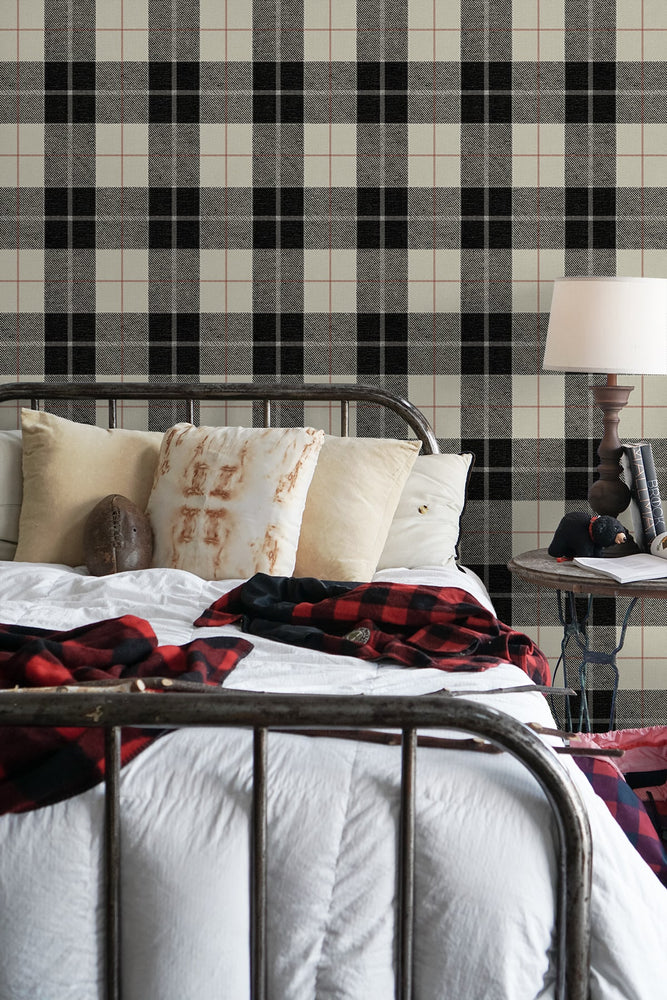 NW58100 plaid peel and stick wallpaper bedroom from NextWall