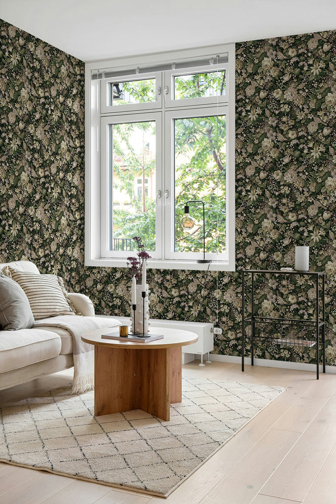 NW58504 vintage bird garden peel and stick wallpaper living room from NextWall