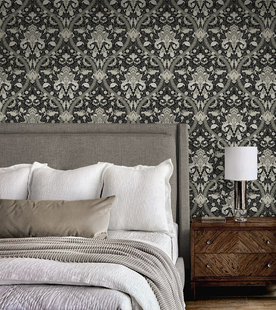 NW59000 acanthus ogee vintage peel and stick wallpaper bedroom from NextWall