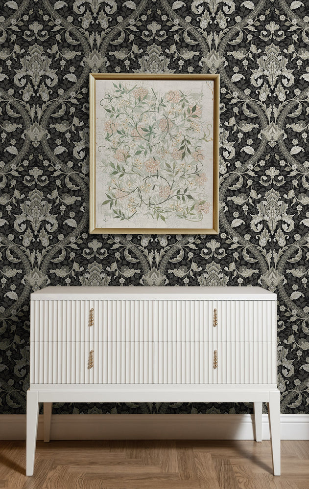 NW59000 acanthus ogee vintage peel and stick wallpaper entryway from NextWall