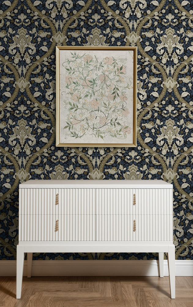 NW59002 acanthus ogee vintage peel and stick wallpaper entryway from NextWall