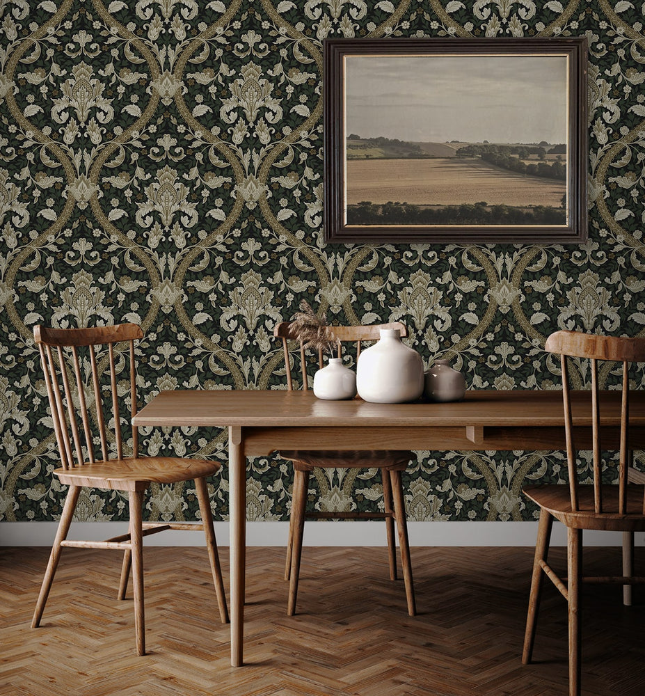 NW59004 acanthus ogee vintage peel and stick wallpaper dining room from NextWall