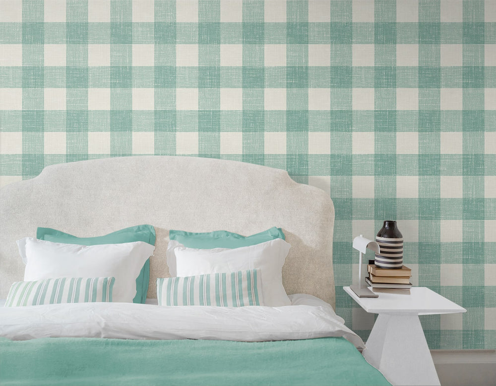 FC62314 gingham plaid wallpaper bedroom  from the French Country collection by Seabrook Designs